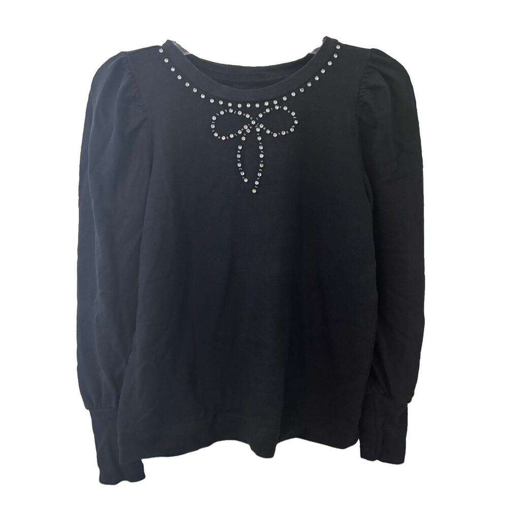 Ann Taylor Loft Women's Black Knit Rhinestone Bow Puff Sleeve Blouse Size Small